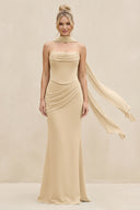 Cowl Neck Sheath Chiffon Bridesmaid Dress with Ribbon in Champagne | KISSBRIDAL