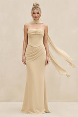 Cowl Neck Sheath Chiffon Bridesmaid Dress with Ribbon in Champagne | KISSBRIDAL