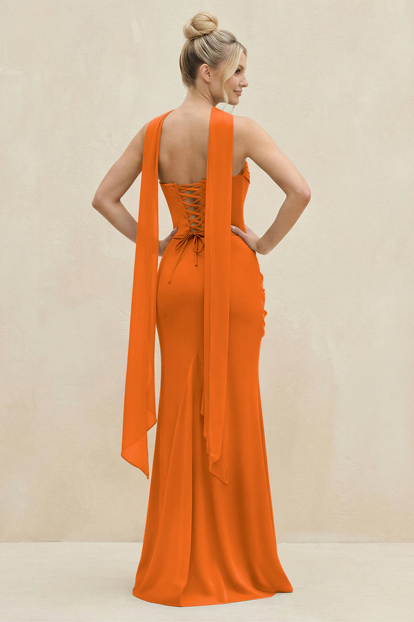 Cowl Neck Sheath Chiffon Bridesmaid Dress with Ribbon in Cinnamon (2) | KISSBRIDAL