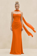 Cowl Neck Sheath Chiffon Bridesmaid Dress with Ribbon in Cinnamon | KISSBRIDAL