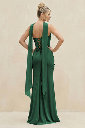 Cowl Neck Sheath Chiffon Bridesmaid Dress with Ribbon in Dark Green (2) | KISSBRIDAL