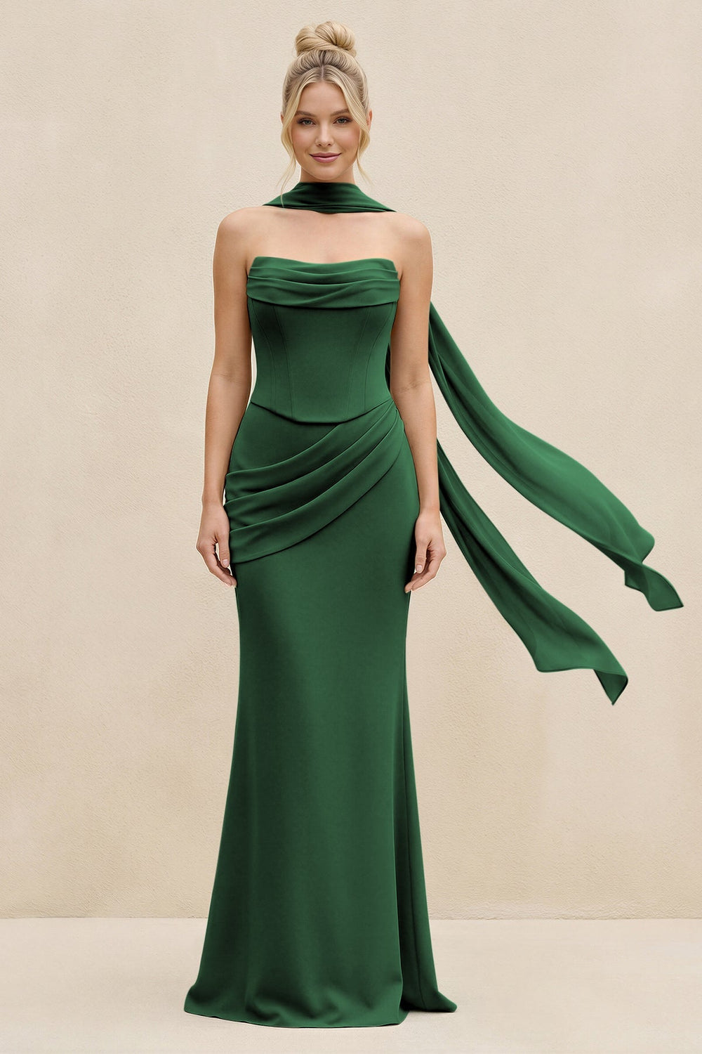Cowl Neck Sheath Chiffon Bridesmaid Dress with Ribbon in Dark Green - KISS BRIDAL Bridesmaid Dresses
