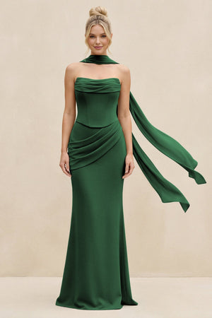 Cowl Neck Sheath Chiffon Bridesmaid Dress with Ribbon in Dark Green - SHE IS ME Bridesmaid Dresses