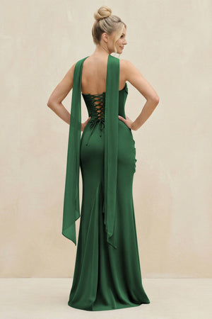 Cowl Neck Sheath Chiffon Bridesmaid Dress with Ribbon in Dark Green - SHE IS ME Bridesmaid Dresses