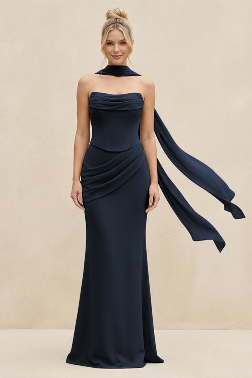 Cowl Neck Sheath Chiffon Bridesmaid Dress with Ribbon in Dark Navy - SHE IS ME Bridesmaid Dresses