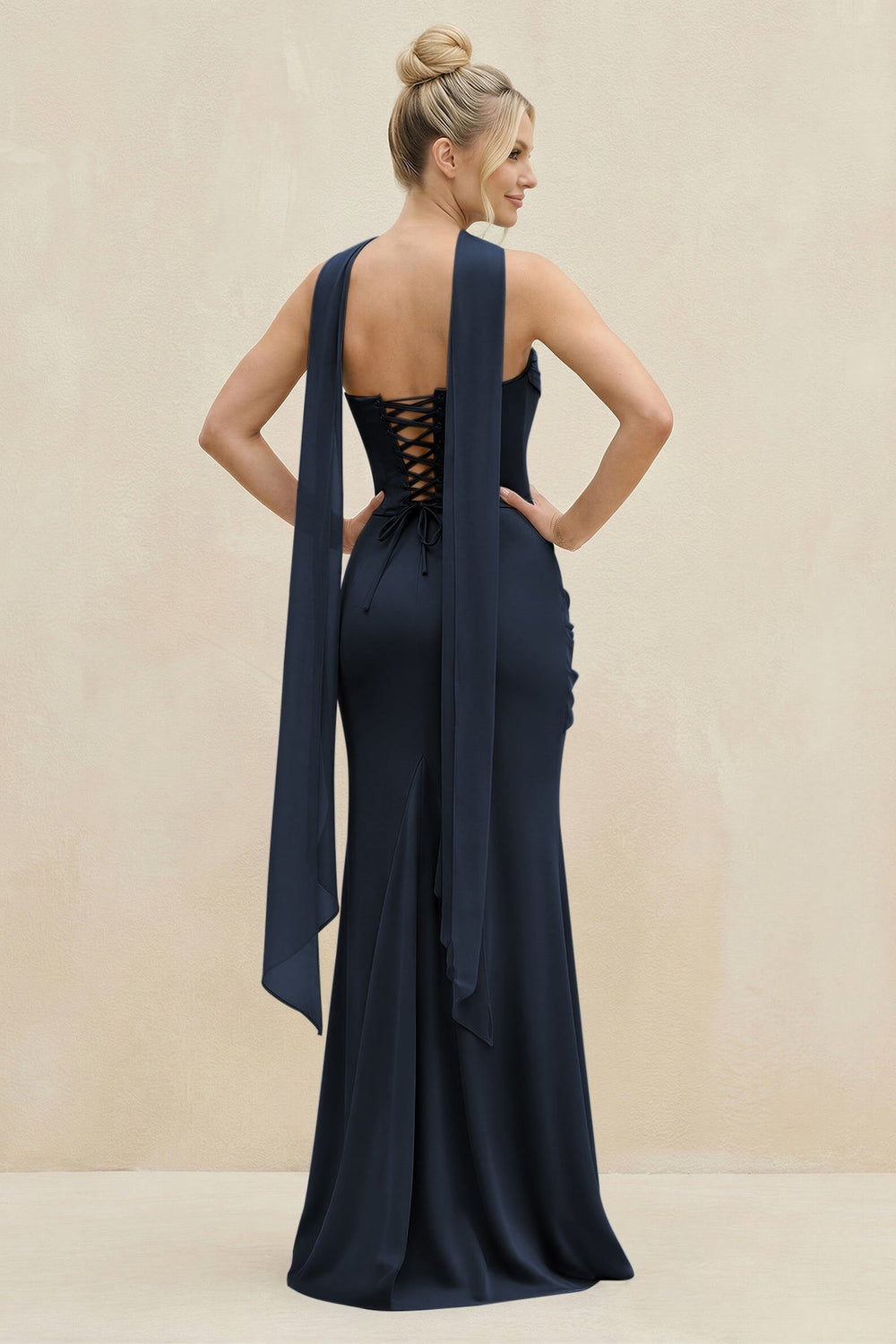 Cowl Neck Sheath Chiffon Bridesmaid Dress with Ribbon in Dark Navy - KISS BRIDAL Bridesmaid Dresses
