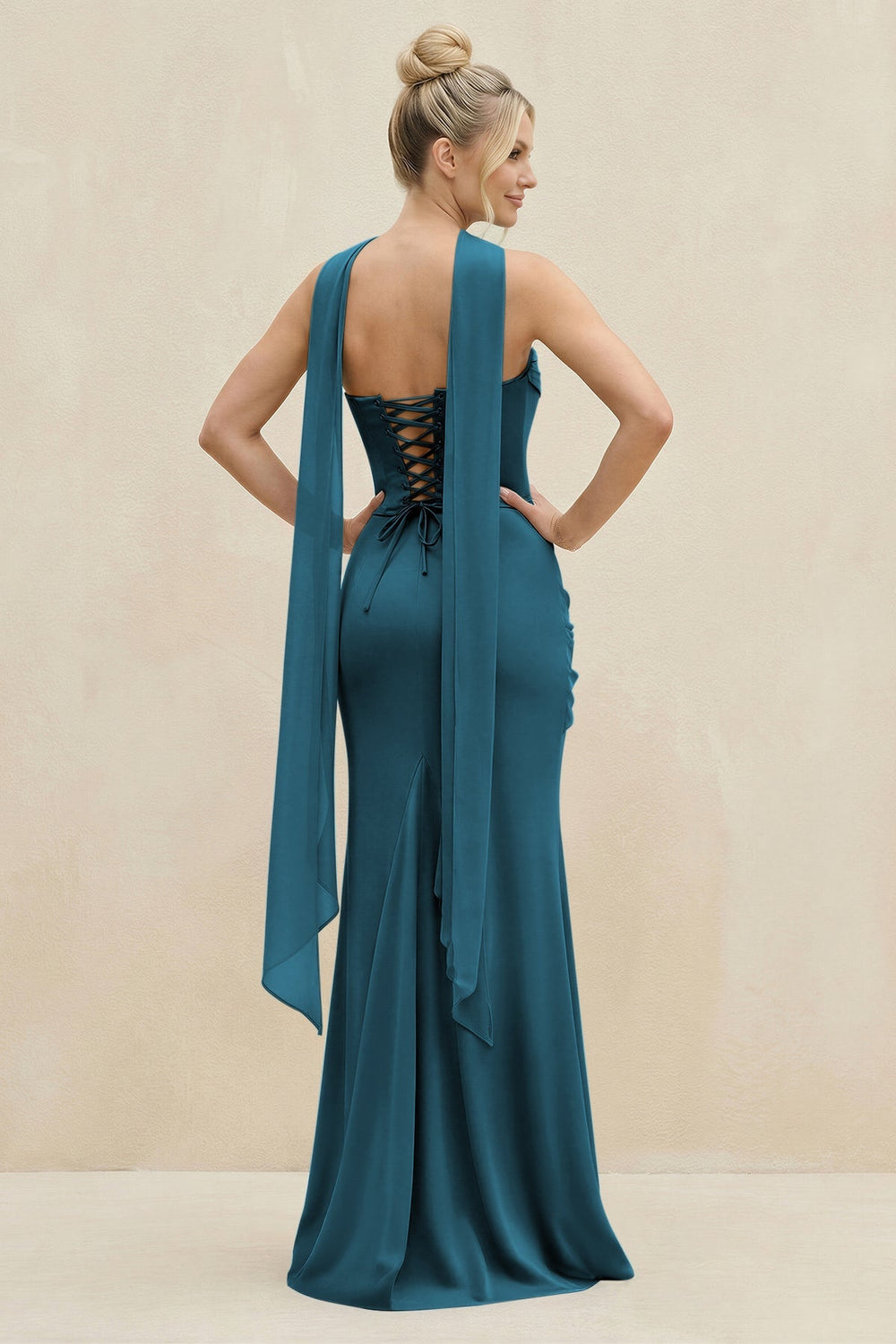 Cowl Neck Sheath Chiffon Bridesmaid Dress with Ribbon in Dark Teal - KISS BRIDAL Bridesmaid Dresses