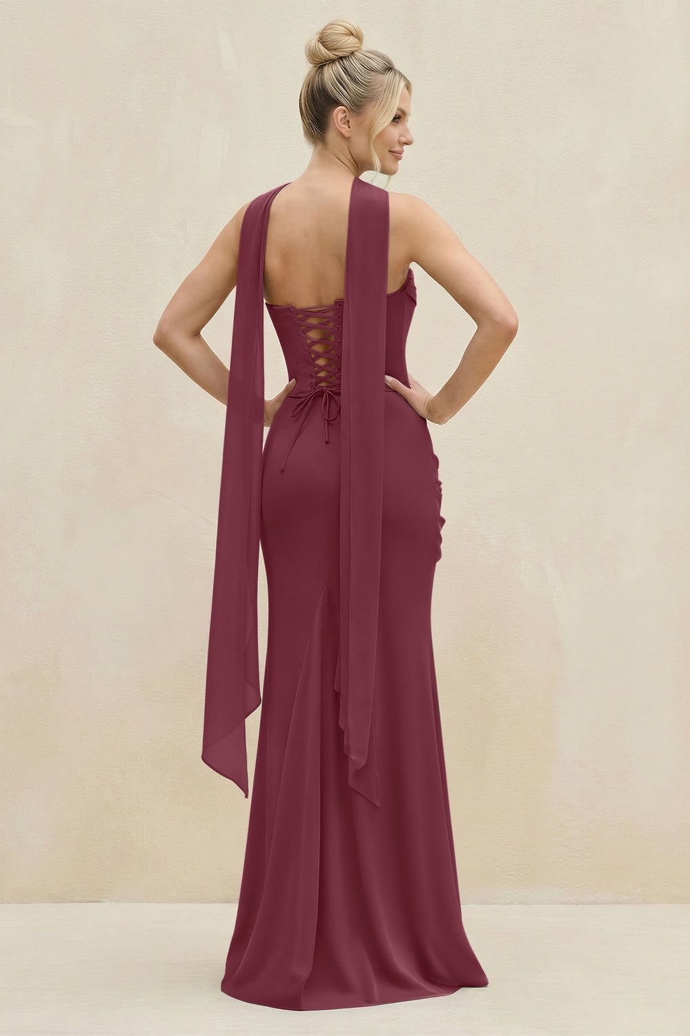 Cowl Neck Sheath Chiffon Bridesmaid Dress with Ribbon in Desert Rose