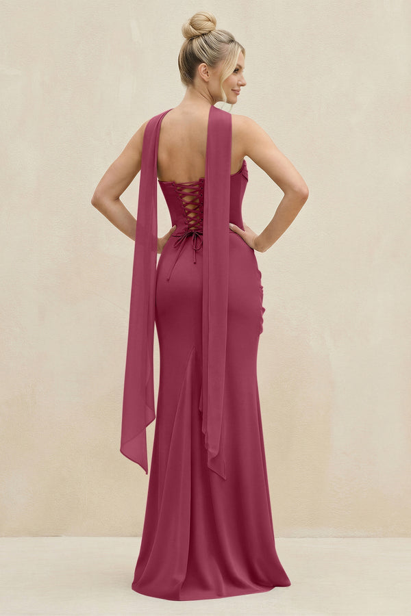 Cowl Neck Sheath Chiffon Bridesmaid Dress with Ribbon in Desert Rose - SHE IS ME Bridesmaid Dresses