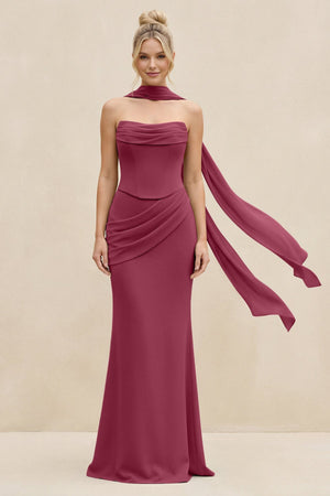 Cowl Neck Sheath Chiffon Bridesmaid Dress with Ribbon in Desert Rose - SHE IS ME Bridesmaid Dresses
