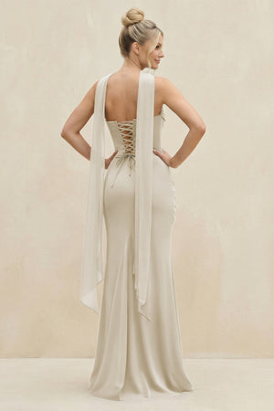 Cowl Neck Sheath Chiffon Bridesmaid Dress with Ribbon in Dove Gray - SHE IS ME Bridesmaid Dresses