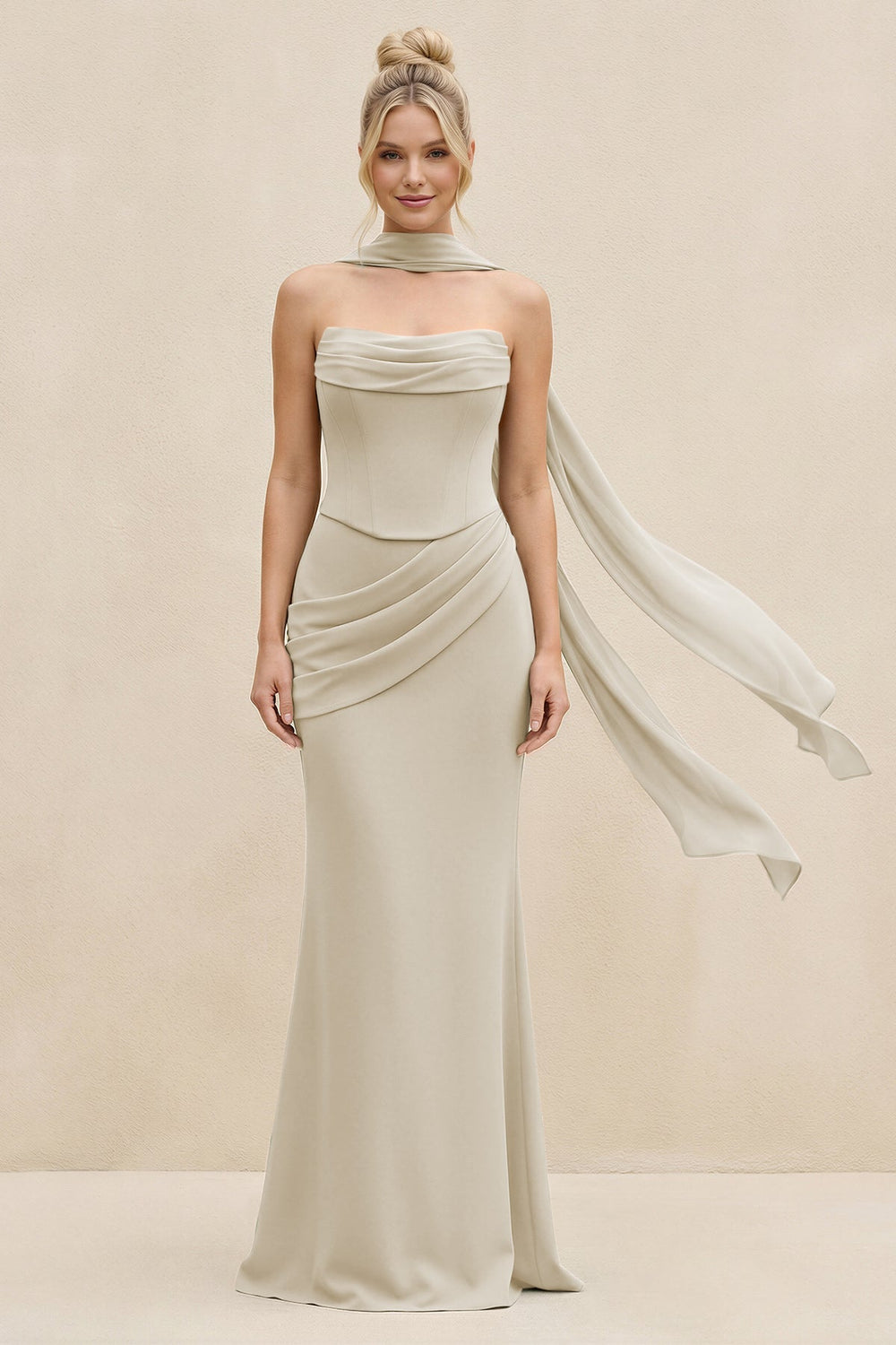 Cowl Neck Sheath Chiffon Bridesmaid Dress with Ribbon in Dove Gray - KISS BRIDAL Bridesmaid Dresses