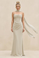 Cowl Neck Sheath Chiffon Bridesmaid Dress with Ribbon in Dove Gray - SHE IS ME Bridesmaid Dresses