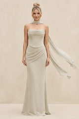 Cowl Neck Sheath Chiffon Bridesmaid Dress with Ribbon in Dove Gray - KISS BRIDAL Bridesmaid Dresses