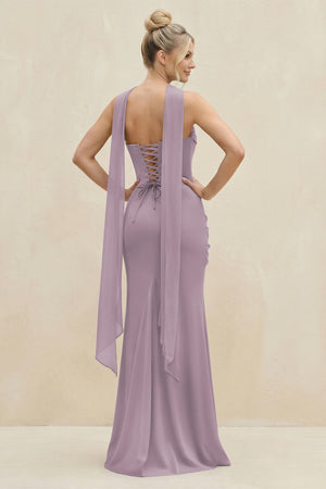 Cowl Neck Sheath Chiffon Bridesmaid Dress with Ribbon in Dusk (2) | KISSBRIDAL