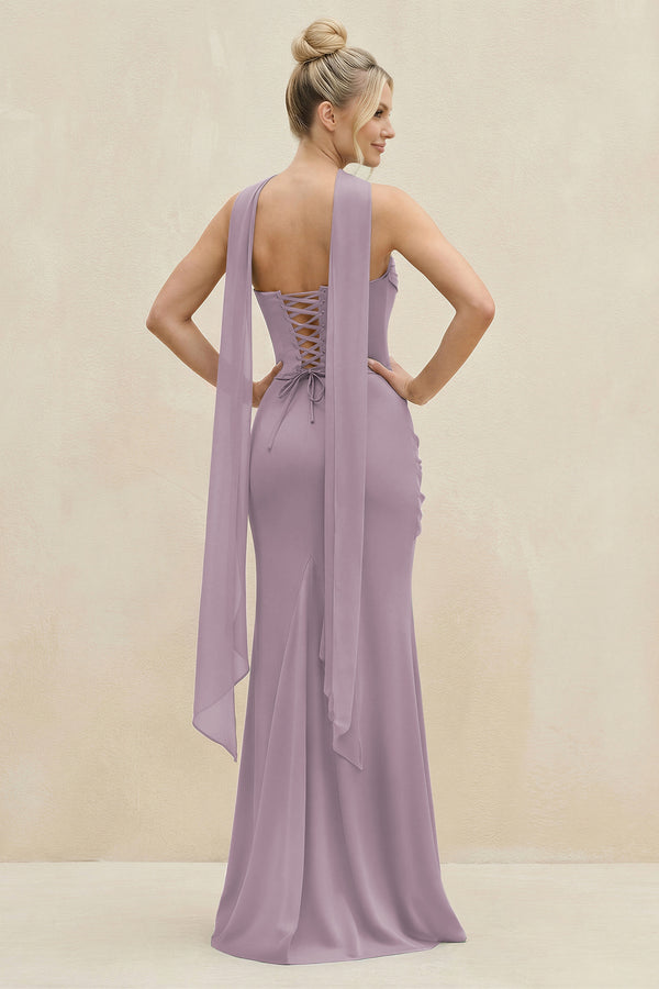 Cowl Neck Sheath Chiffon Bridesmaid Dress with Ribbon in Dusk (2) | KISSBRIDAL