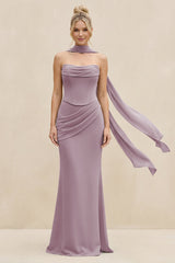 Cowl Neck Sheath Chiffon Bridesmaid Dress with Ribbon in Dusk - KISS BRIDAL Bridesmaid Dresses