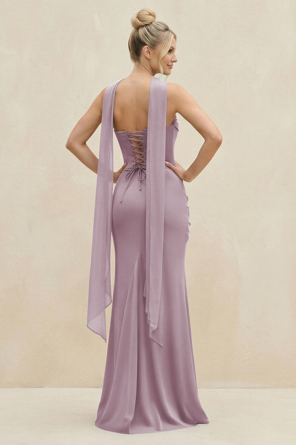 Cowl Neck Sheath Chiffon Bridesmaid Dress with Ribbon in Dusk - SHE IS ME Bridesmaid Dresses