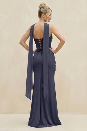 Cowl Neck Sheath Chiffon Bridesmaid Dress with Ribbon in Dusk Blue - SHE IS ME Bridesmaid Dresses