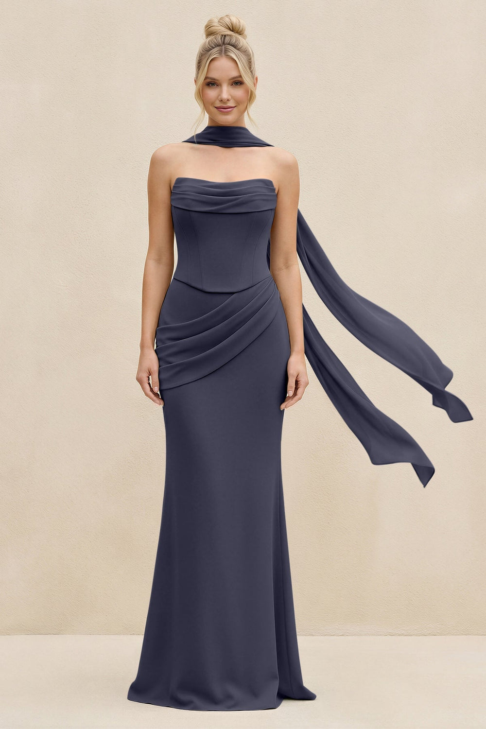 Cowl Neck Sheath Chiffon Bridesmaid Dress with Ribbon in Dusk Blue - KISS BRIDAL Bridesmaid Dresses