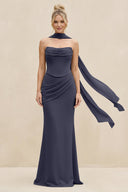 Cowl Neck Sheath Chiffon Bridesmaid Dress with Ribbon in Dusk Blue - SHE IS ME Bridesmaid Dresses