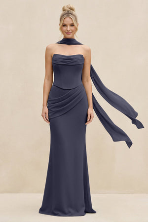 Cowl Neck Sheath Chiffon Bridesmaid Dress with Ribbon in Dusk Blue - SHE IS ME Bridesmaid Dresses