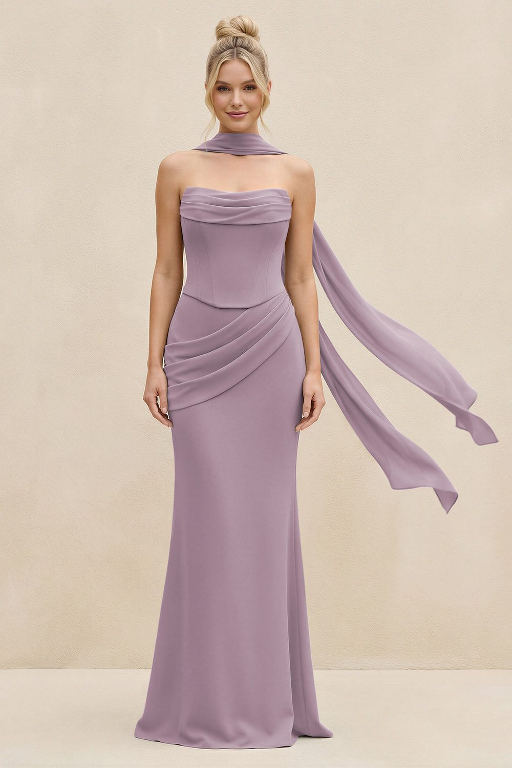 Cowl Neck Sheath Chiffon Bridesmaid Dress with Ribbon in Dusk