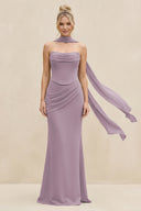 Cowl Neck Sheath Chiffon Bridesmaid Dress with Ribbon in Dusk | KISSBRIDAL