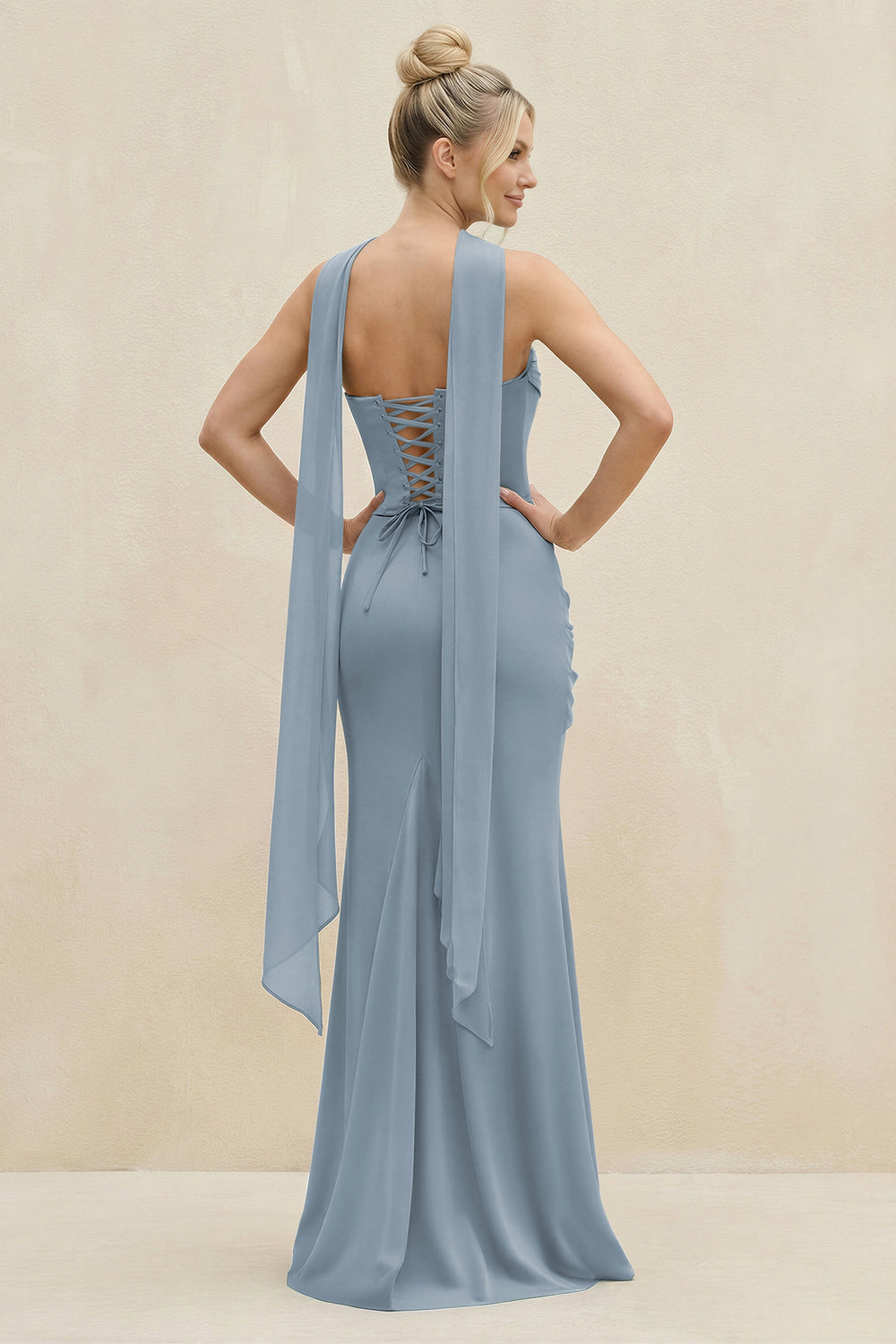 Cowl Neck Sheath Chiffon Bridesmaid Dress with Ribbon in Dusty Blue