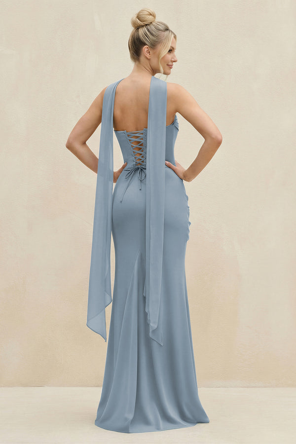 Cowl Neck Sheath Chiffon Bridesmaid Dress with Ribbon in Dusty Blue (2) | KISSBRIDAL