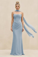 Cowl Neck Sheath Chiffon Bridesmaid Dress with Ribbon in Dusty Blue - SHE IS ME Bridesmaid Dresses