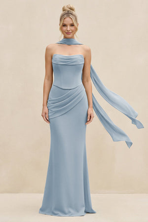 Cowl Neck Sheath Chiffon Bridesmaid Dress with Ribbon in Dusty Blue - SHE IS ME Bridesmaid Dresses