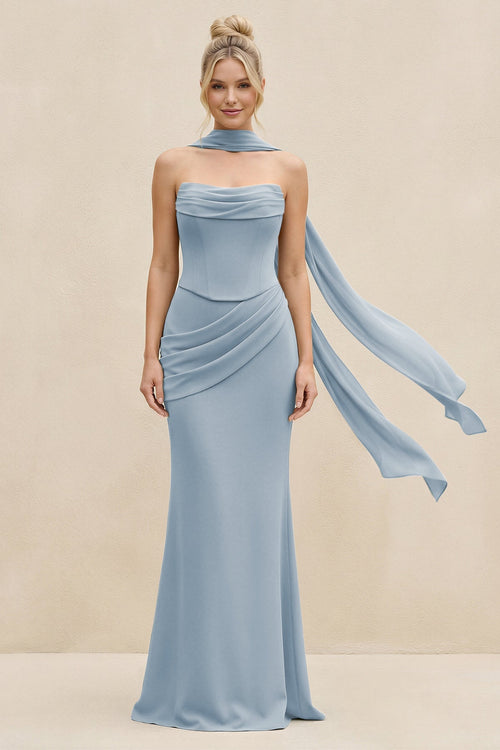 Cowl Neck Sheath Chiffon Bridesmaid Dress with Ribbon in Dusty Blue - SHE IS ME Bridesmaid Dresses
