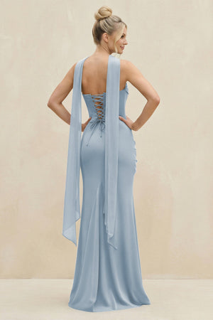 Cowl Neck Sheath Chiffon Bridesmaid Dress with Ribbon in Dusty Blue - SHE IS ME Bridesmaid Dresses