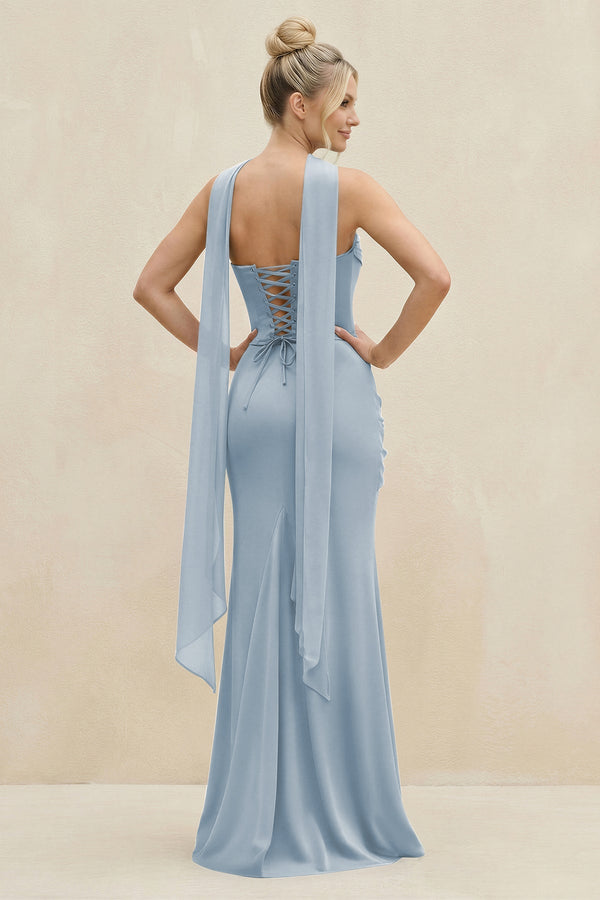 Cowl Neck Sheath Chiffon Bridesmaid Dress with Ribbon in Dusty Blue - SHE IS ME Bridesmaid Dresses