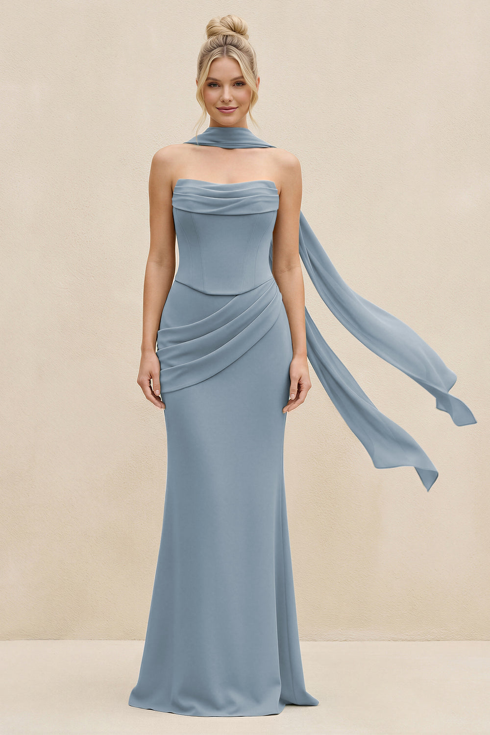 Cowl Neck Sheath Chiffon Bridesmaid Dress with Ribbon in Dusty Blue