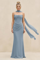 Cowl Neck Sheath Chiffon Bridesmaid Dress with Ribbon in Dusty Blue | KISSBRIDAL