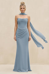 Cowl Neck Sheath Chiffon Bridesmaid Dress with Ribbon in Dusty Blue | KISSBRIDAL