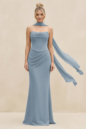 Cowl Neck Sheath Chiffon Bridesmaid Dress with Ribbon in Dusty Blue | KISSBRIDAL