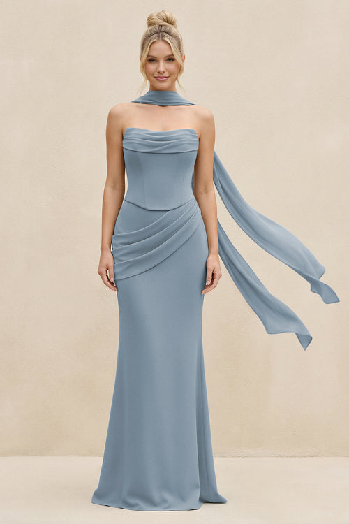 Cowl Neck Sheath Chiffon Bridesmaid Dress with Ribbon in Dusty Blue | KISSBRIDAL