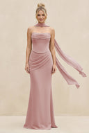 Cowl Neck Sheath Chiffon Bridesmaid Dress with Ribbon in Dusty Rose - SHE IS ME Bridesmaid Dresses