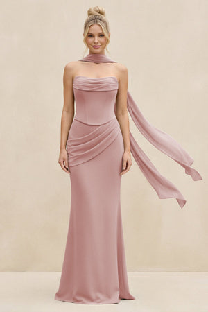 Cowl Neck Sheath Chiffon Bridesmaid Dress with Ribbon in Dusty Rose - SHE IS ME Bridesmaid Dresses