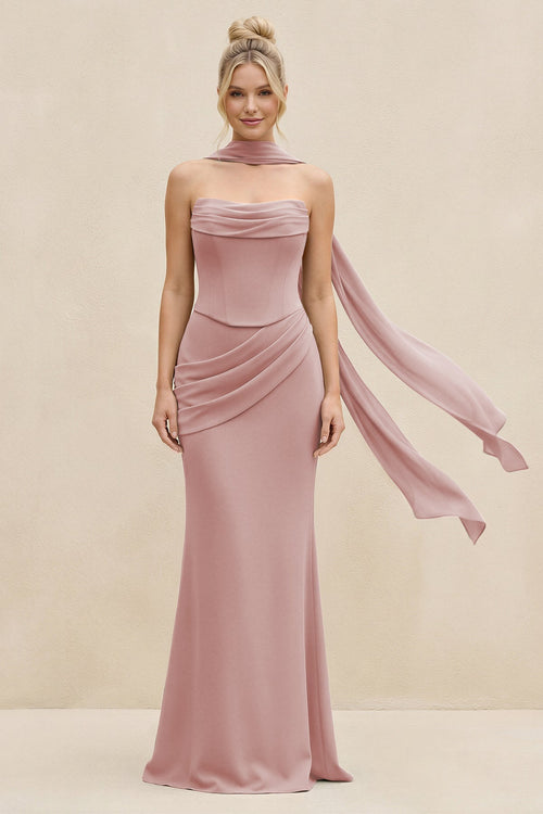 Cowl Neck Sheath Chiffon Bridesmaid Dress with Ribbon in Dusty Rose - SHE IS ME Bridesmaid Dresses