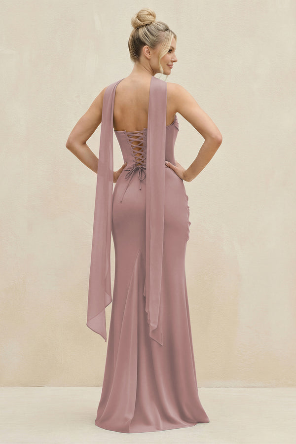 Cowl Neck Sheath Chiffon Bridesmaid Dress with Ribbon in Dusty Rose (2) | KISSBRIDAL