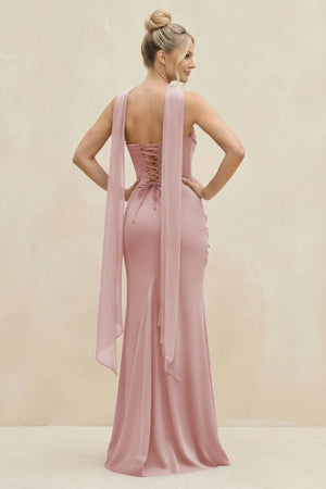 Cowl Neck Sheath Chiffon Bridesmaid Dress with Ribbon in Dusty Rose - SHE IS ME Bridesmaid Dresses