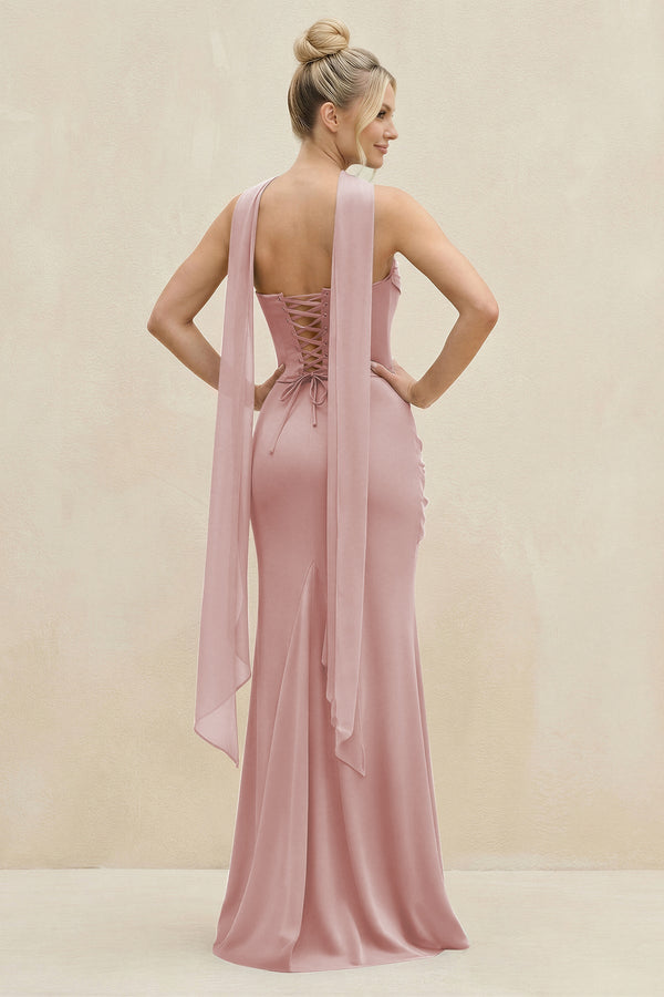 Cowl Neck Sheath Chiffon Bridesmaid Dress with Ribbon in Dusty Rose - SHE IS ME Bridesmaid Dresses