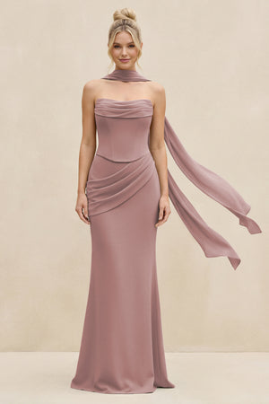 Cowl Neck Sheath Chiffon Bridesmaid Dress with Ribbon in Dusty Rose | KISSBRIDAL