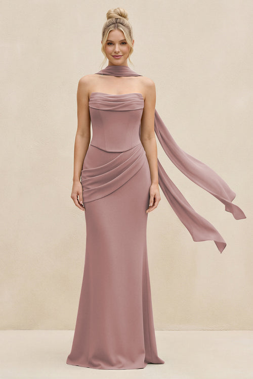 Cowl Neck Sheath Chiffon Bridesmaid Dress with Ribbon in Dusty Rose | KISSBRIDAL