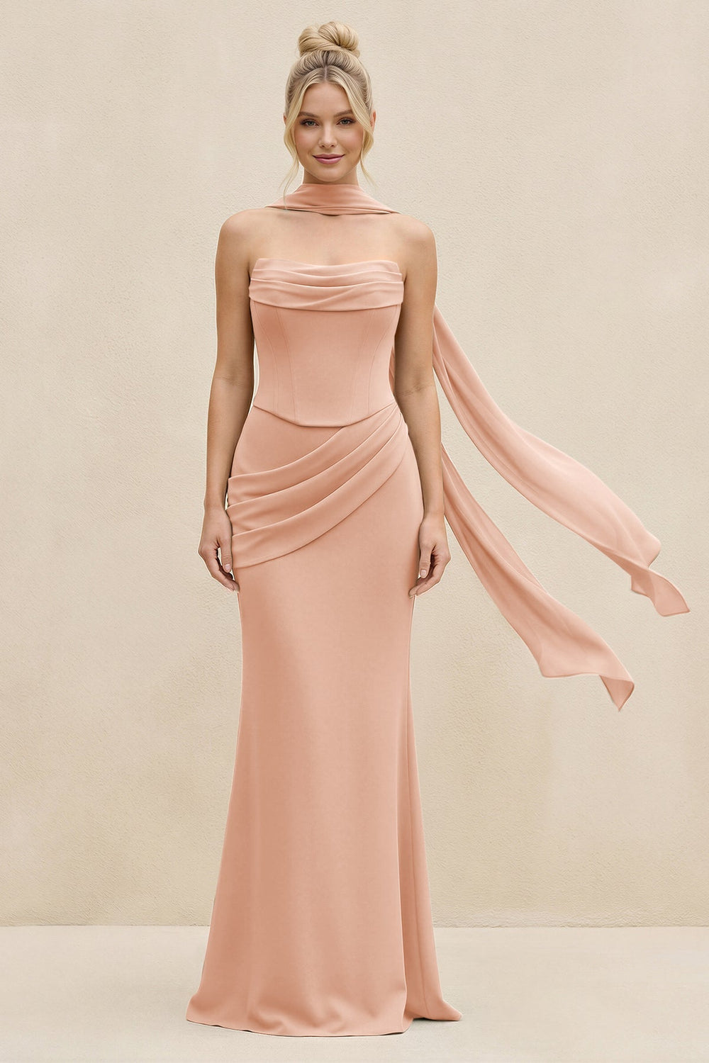 Cowl Neck Sheath Chiffon Bridesmaid Dress with Ribbon in English Rose - KISS BRIDAL Bridesmaid Dresses