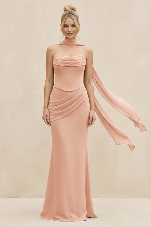 Cowl Neck Sheath Chiffon Bridesmaid Dress with Ribbon in English Rose - SHE IS ME Bridesmaid Dresses